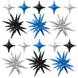 Black Blue Silver Star Balloons,Explosion Star Balloons Kit with 6Pcs 22Inch Cone Star Foil Balloons and 10Pcs 10Inch Four Pointed Star Balloons for Birthday Anniversary Disco Party Decorations