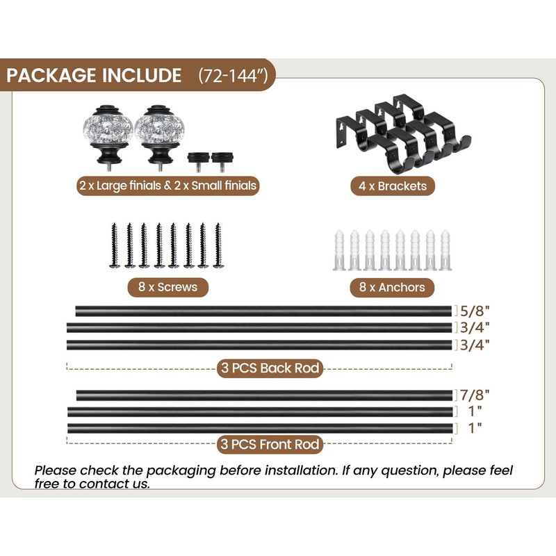 1 Inch Double Curtain Rods 72 to 144 Inches (6