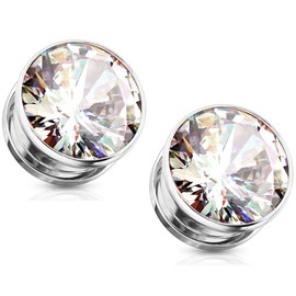 Pierced Owl Stainless Steel Bezel Set Clear Gem Screw Fit Plug Gauges, Sold As Pair (Silver Tone, 6mm (2GA))