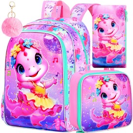 3PCS Dinosaur Backpack for Girls, 16'' Kids Preschool Bookbag with Lunch Box, Cute Water Resistant School Backpacks Set for Elementary Kindergarten