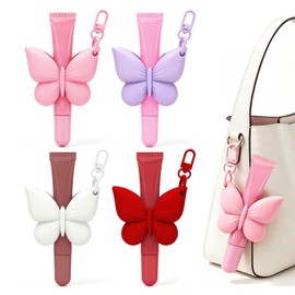 4PCS Butterfly Silicone Lipstick Holder Keychain, Fit Lip Balm/Lip Tint