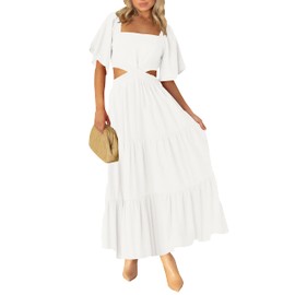 LEANI Women's Summer Flowy Maxi Dress Short Sleeve Sexy Cut Out Formal Party Dress White