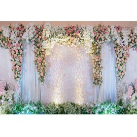 shensu Vinyl 10x8ft Wedding Backdrops for Photography White Stage Curtain Decorated with Pink Rose Flowers Photography Background Adults Portrait Parties Anniversary Decor Photo Studio Props