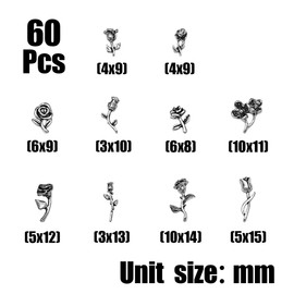 HAIKING Rose Nail Charm, 60 PCS Vintage Punk Silver 3D Flower Nail Art Kits for Nail Art Decorations, DIY Crafting Accessories (About 15 x 10mm/0.59 x 0.39in)