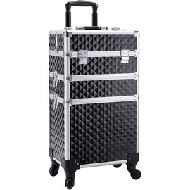 Adazzo 3 in 1 Professional Rolling Makeup Train Case Aluminum Trolley Case with 360° Rotation Wheels for Makuep Artist Cosmetic Suitcase Organizer with Lock and Key Diamond Pattern - Black