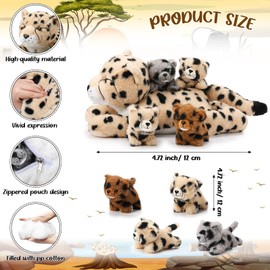 Silipull 5 Pcs Cheetah Stuffed Animals Set Large Mommy Cheetah Plush with 4 Soft Cuddly Baby Cubs in Her Tummy for Boys Girls Birthday Graduation Gifts Forest Party Decors(Lying Style)