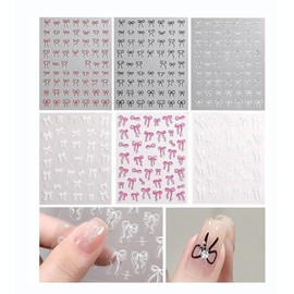 ISHR Ribbon Nail Stickers, Set of 6, Nail Parts, Stickers, Ribbons with Rhinestones, 3D Stickers, Just Stick On, Black/White/Red/Pink, Bowknot, Cute, Stylish, Decoration, DIY Nail Art (A)