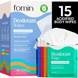 FOMIN Toallitas Desodorantes De Viaje Acidificadas Para Mujer Y Hombre - Paquete Variado De 15 Unidades - Ph Equilibrado, Tamaño Mini De Viaje - Sin Plástico, Toallitas Corporales Para Axilas Envuelta