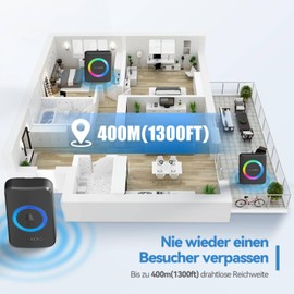 VOXON VOXON Funkklingel, Trklingel Funk Set, Kabellose Trklingel 400m Reichweite mit 2 Plug-In-Empf?nger und 1 Sender, IP65 Aussen Wasserdicht Haustr Klingel, 60 Melodien doorbell Mit LED-Blitz (Schwarz)