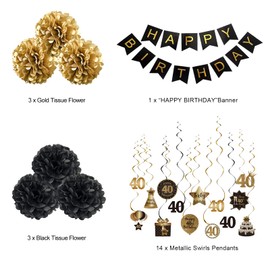 Szhuiher Happy 40th Birthday Hanging Swirls Streamers Decoration Set, Happy Birthday Banner with Tissue Pompoms, Black and Gold 40 Years Old Birthday Party Hanging Backdrop Decorations