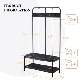 SHA CERLIN Hall Tree, Coat Rack with Shoe Bench & Storage Space - Entryway Furniture with Storage Shelf, 5x2 Hooks, Upholstered Sponge-Padded Seat, Steel Frame, Industrial, 17.7 x 37 x 75.2 In - Black