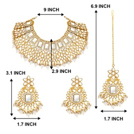 Aheli Gold Plated White Kundan Choker Necklace Dangling Earring Maang Tikka Jewelry Set for Women