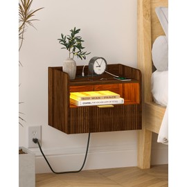 Veegle Floating Nightstand with Charging Station and LED Lights (Walnut Brown)
