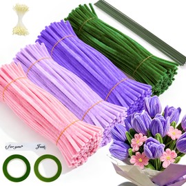 Filo di Ciniglia da 400 Pezzi, Kit per Bouquet di Fiori in Filo di Ciniglia, 4 Colori di Scovolini per Creare Fiori, con Steli di Fiori, Nastro Adesivo, Nastro e Accessori - Viola