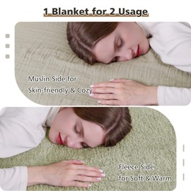 EMME Muslin Cotton Fleece Queen Blanket Reversible - 80"*90" Sage Green Soft Warm Throw Blankets for Couch Bed Picnic Travel Bed