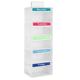 Weekly Clothes Organizer for Kids, Monday-Friday Daily Clothes Organizer and Storage, 5 Shelf Polyester Door Hanging Closet with Color Labels for Days of The Week Clothes Diaper Hats Bags Organization