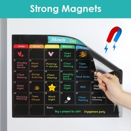 MaxGear Monthly Black Magnetic Calendar for Refrigerator, 16" X 12" Fridge Chalkboard, Magnetic Dry Erase Calendar White Board Planning Board for Fridge with 7 Fine Point Markers,1 Cloth
