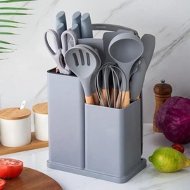 SV Home & Deco All-in-One 19-Piece Kitchen Utensils and Knife Set: 14 Cooking Utensils + 5 Essential Kitchen Knives for a Complete Culinary Experience (Grey), SMALL, Gray, N0516