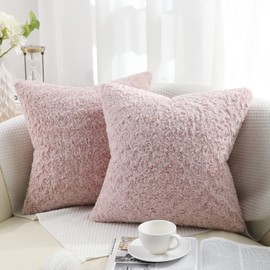 decorUhome Set of 2 Fur Cushion Covers Decorative Faux Fur Plush Fluffy Square Neutral Fur Pillow Case for Sofa, Pink, 22 x 22 inch/55x55cm