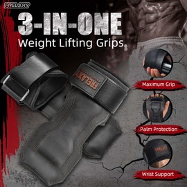 Frelaxy Weight Lifting Grips, 3-in-1 Wrist Straps with Strong Non-Slip Rubber Palm & Fully Enclosed Neoprene Padding for Pull Ups, Deadlifts, Rows, Lat Pulldowns (Brown, One Size)