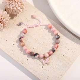 YUCSAWJK Birthday Butterfly Bracelet, Pink Zebra Natural Stone, Adjustable 5.5-10 Inches, Slide Clasp, Butterfly Theme, Female, Handmade, 6-22 Years Old Girls