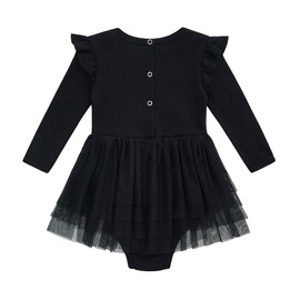 O2 BABY Organic Cotton Baby Girls Tutu Dress Baby's Tulle Dresses Long Sleeve Ruffle Romper Jumpsuit with Headband Outfit Set（18-24 Months, Long SLeeve Black）