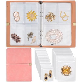ChezMax Jewelry Organizer, Jewelry Storage Book with Pockets, Foldable Earrings Travel Album, PU Leather Accessories Holder Booklet for Necklace Rings (64 Grids+64 Anti-Oxidation PVC Bags) Pink