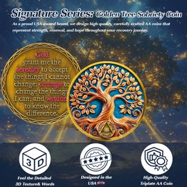Tree of Life 3 Year Sobriety Coin, Recovery & Growth AA Medallion, One Year Golden Sober Coin for Addiction Recovery, Alcoholics Anonymous Sober Gifts for Women Men Sponsor