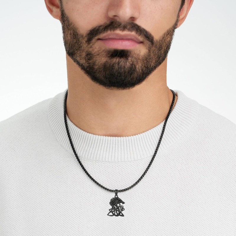 PROESS Celtic Knot Necklace 925 Sterling Silver Black Viking Wolf
