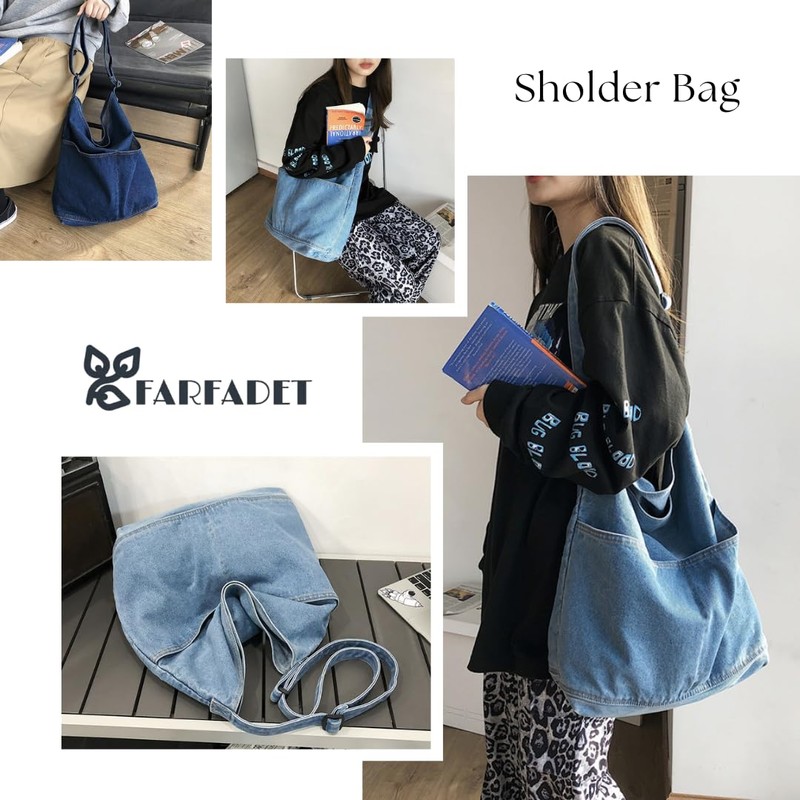 FARFADET Crossbody Denim Shoulder Bag, Tote Bag, Mother's Bag, Adjustable,