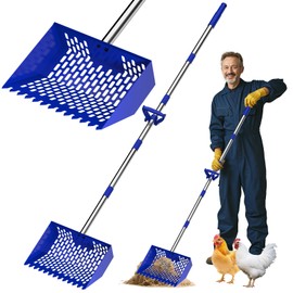 Chicken Poop Scooper & Rake, Metal Sifting Shovel 10" Wide Metal Head, Adjustable Handle to 74", Chicken Coop Scooper with Adjustable Handle for Chicken Coop & Pet Waste Cleaning