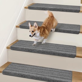 Bullnose Stair Treads Non Slip 9.5" x 32", 14 Pcs Carpet Stair Treads for Wooden Steps Indoor with Edge Protection, Reusable Peel and Stick TPU Backing Stair Runner Rugs- Line Pattern Grey