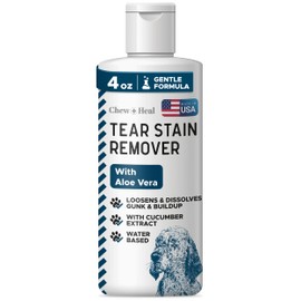 Chew + Heal Labs Pet Tear Stain Remover for Dogs - 4 oz Water-Based Dog Eye Wash & Cleaner - Dissolves Gunk & Buildup - Aloe Vera & Cucumber Extract