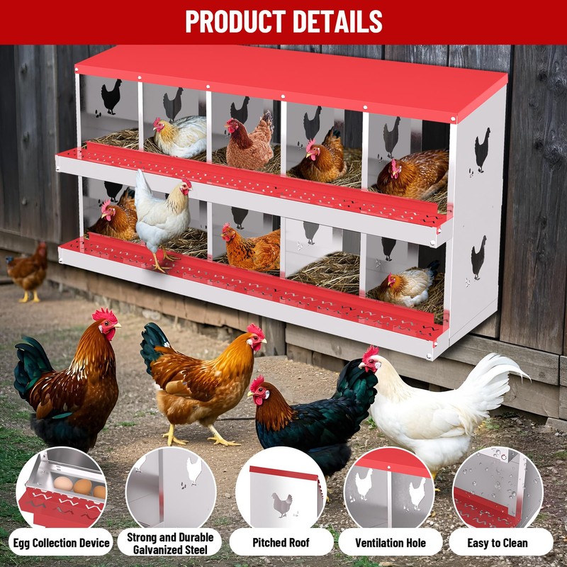 Chicken Nesting Box, 10 Compartment Metal Chicken Nesting Boxes for