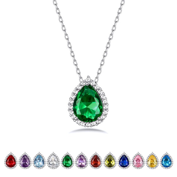 Bestyle Sterling Silver May Birthstone Pendant Necklace for Women Pear
