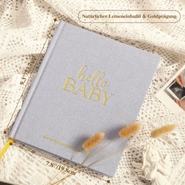 Lanpn Hello Baby First 5 Years Baby Journal for Girls and Boys - Linen Hardcover Baby Journal for New Parents Baby Book Baby Album Memory Book Gift (Grey, 154 Pages)