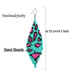 CALORVIA Bohemian Large Long Tassel Beaded Dangle Earrings Leopard Handmade Boho Statement Big Fringe for Women (Teal Green)