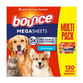 Bounce Bounce Pet Hair and Lint Guard Mega Dryer Sheets with 3X Pet Hair Fighters, Fresh Scent, 130 Count, Bounce Dryer Sheets, Fabric Softener Sheets