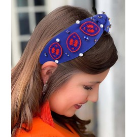 JERTOCLE Game Day Headbands for Women Beaded Football Knotted Headband Pearl Crystal Embellished Wide Headband Sports Fan Game Day Hair Accessories (Blue)