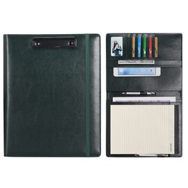 Wonderpool A4 PU Leather Clipboard Partfolio Notepad Forms Holders Document Case - Interview Planner Meeting Writing Padfolio File for Office Travel School Hotel Hospital (A4,Green)