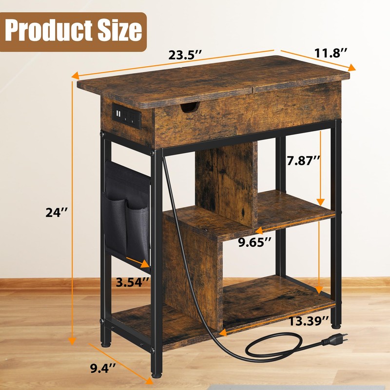 JoanKaren End Table with Charging Station, Flip Top Nightstand with