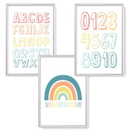 Himmelzucker Premium Wall Pictures Set of 3 for Children's Room Baby Room Posters DIN A4 Children's Poster Boys Girls Decoration Pictures ABC Alphabet Numbers Rainbow (ABC & Rainbow) (A4 without