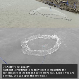 Drasry Saltwater Fishing Cast Net 3/8 and 1/4 Mesh with Heavy Duty Gray Sinker American Monofilament Fish Throw Net for Bait Trap 3FT 4FT 5FT 6FT 7FT 8FT 9FT Radius 1/4, 6FT Radius /180cm