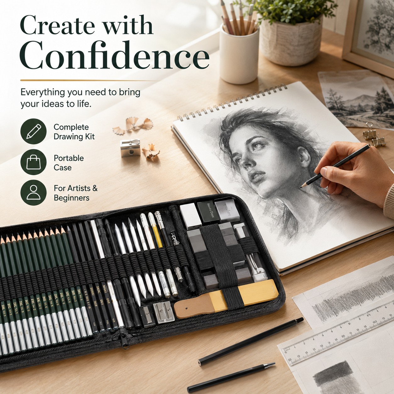54-Piece Drawing and Sketching Kit for Artists – Complete Pencil Set with Sketchbook and Portable Case