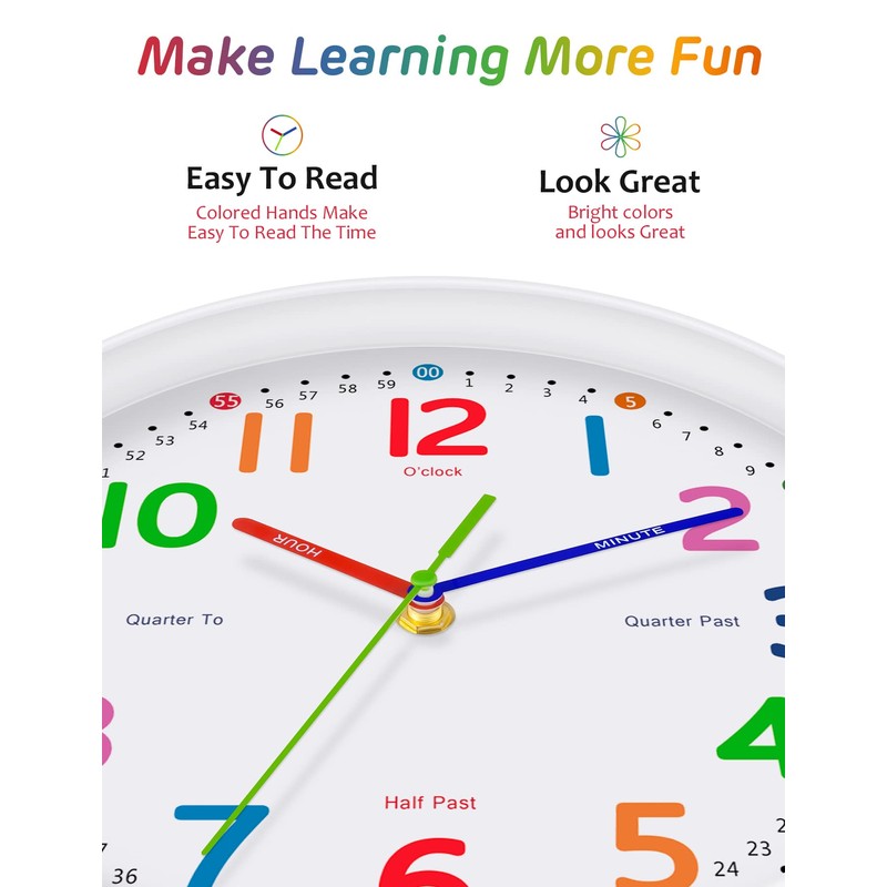 Kids Wall Clock: Telling Time Teaching Wall Clocks Silent Non-Ticking