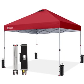 CROWN SHADES 10x10 Pop Up Canopy - Beach Tent with One Push Setup - Easy Outdoor Sun Shade for Events, Parties, Camping - Gazebo with STO-N-Go Cover Bag, Silver Coated Top, Red