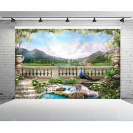 CHNYWORK 7ftx5ft Vintage Garden Backdrop Spring Balcony Flowers Retro Roman Corridor Peacock Lake Mountain Waterfall Background Europe Birthday Wedding Party Decor Photo Studio Props Wallpaper