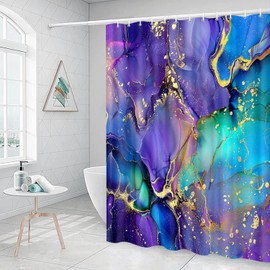Coveimes Purple Marble Shower Curtain for Bathroom, Blue Abstract Bath Curtains, Gold Ombre Morden Waterproof Fabric Curtains Set with 12 Hooks