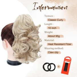 Foaoit Blonde Ponytail Extension Curly Hair Pieces for Women 10 Inch Short Curly Ponytail Hair Clip In Loose Curly Wavy Synthetic Hair Exctensions for Girls (Light Ash Brown & Bleach Blonde)