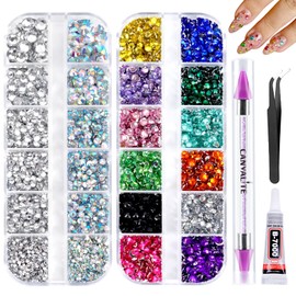 Canvalite 11000 Pcs Colorful Resin Rhinestones for Nails, Multi-Size 2/3/4/5/6mm Flatback Crystal Gems for Nail Art, Face & Eye Makeup, Bedazzling Crafts, with B7000 Glue & Pickup Tools